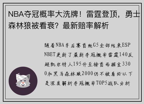 NBA夺冠概率大洗牌！雷霆登顶，勇士森林狼被看衰？最新赔率解析